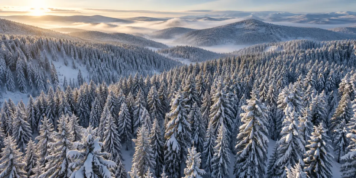 Панорама заснеженной хвойной тайги